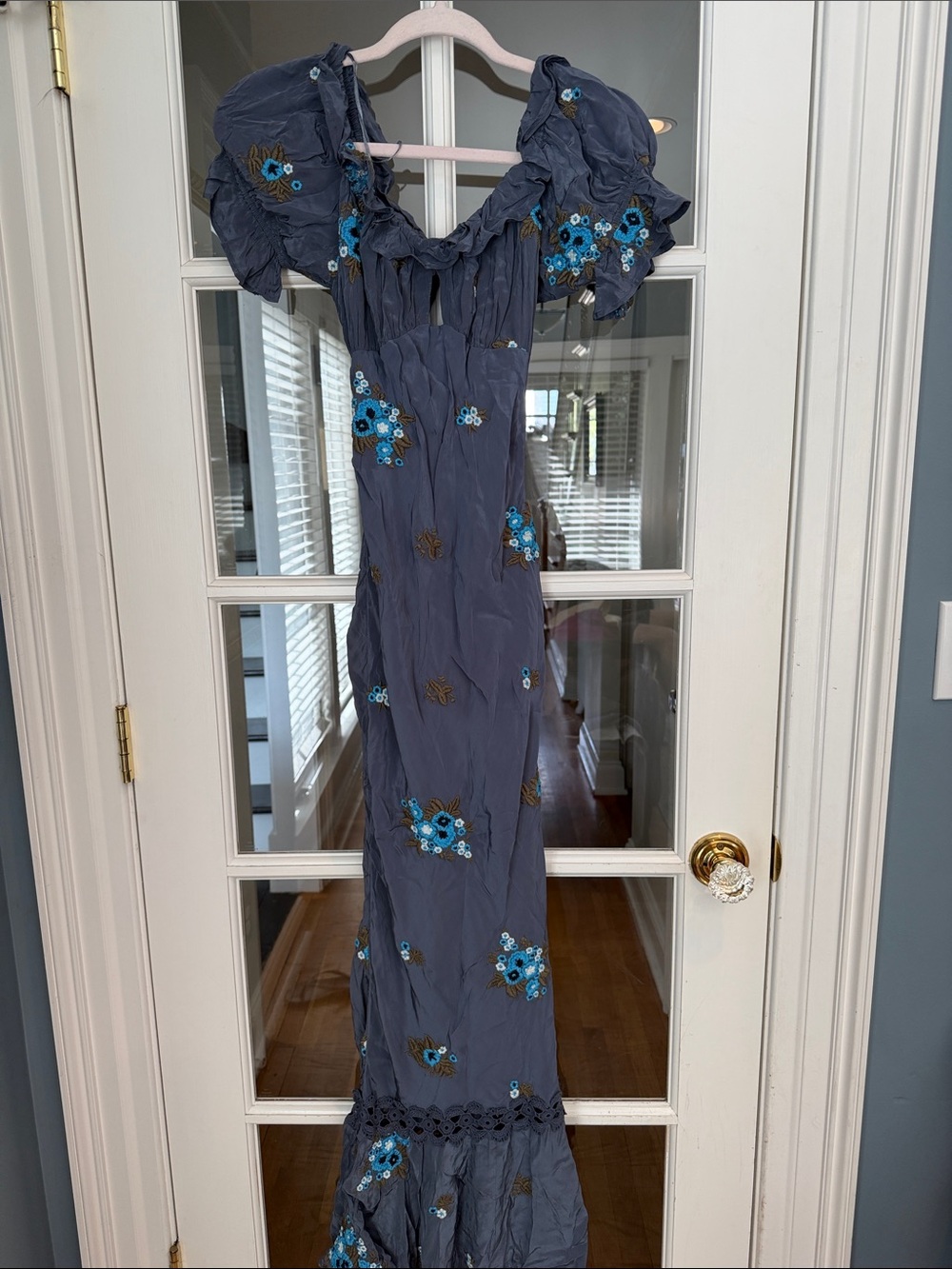 Free People Slate Blue Maxi Dress with Turquoise Floral Embroidery